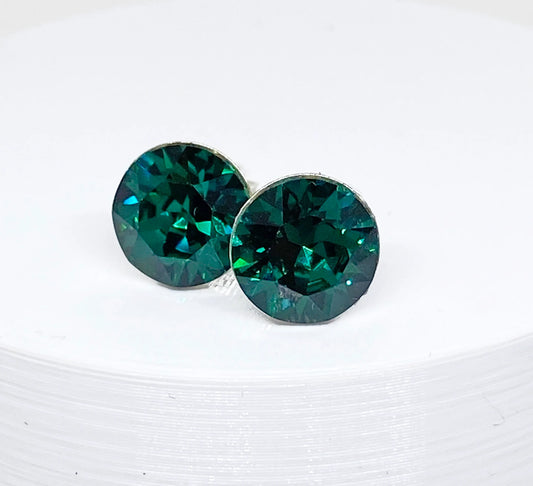 8mm Swarovski Crystal Stud Earrings in Emerald, Dark Green, set in Sterling Silver