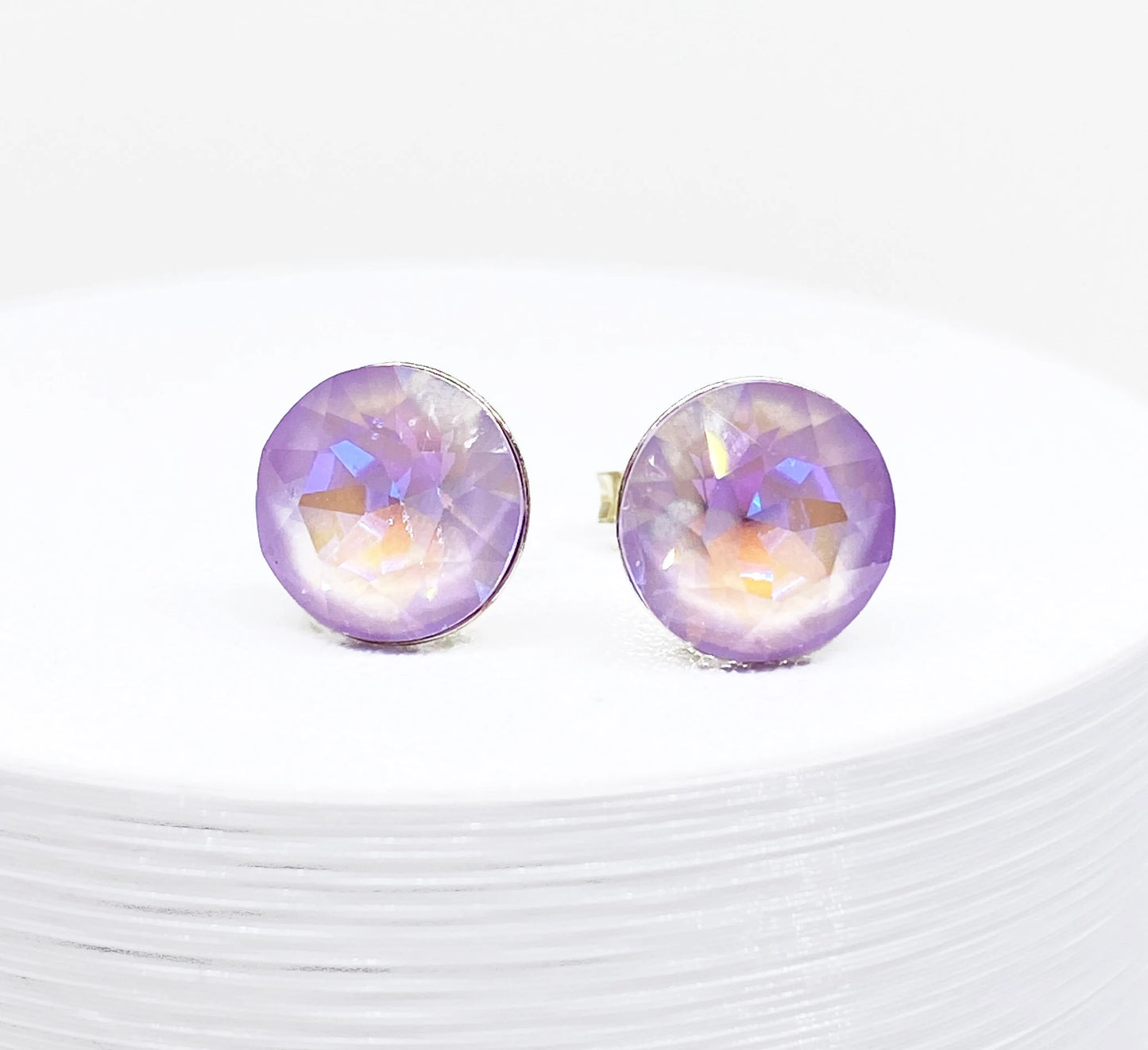 8mm Swarovski Crystal Stud Earrings in Lavender Delight, Pale Purple, set in Sterling Silver