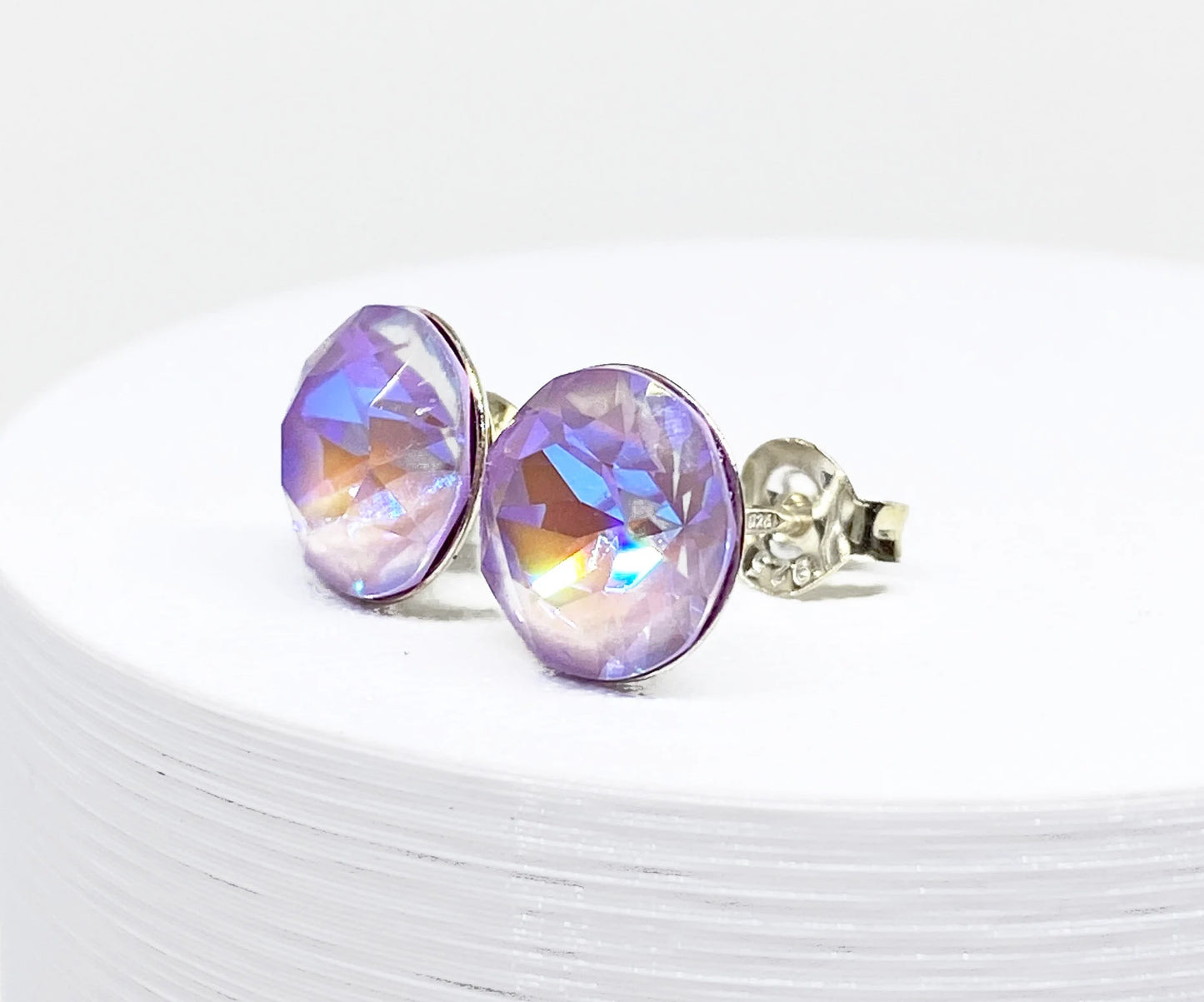 8mm Swarovski Crystal Stud Earrings in Lavender Delight, Pale Purple, set in Sterling Silver