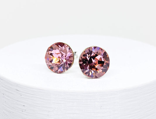 8mm Swarovski Crystal Stud Earrings in Light Rose, set in Sterling Silver