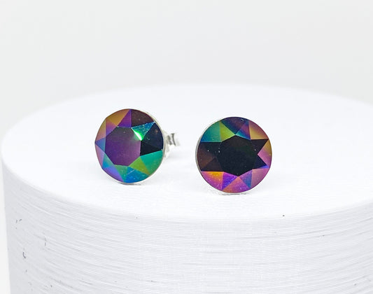 8mm Swarovski Crystal Stud Earrings in Crystal Rainbow Dark, set in Sterling Silver