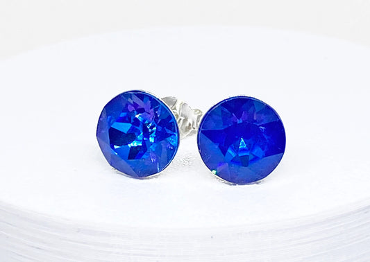 8mm Swarovski Crystal Stud Earrings in Royal Blue Delite, set in Sterling Silver