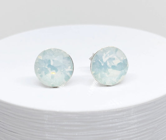 8mm Swarovski Crystal Stud Earrings in White Opal, set in Sterling Silver