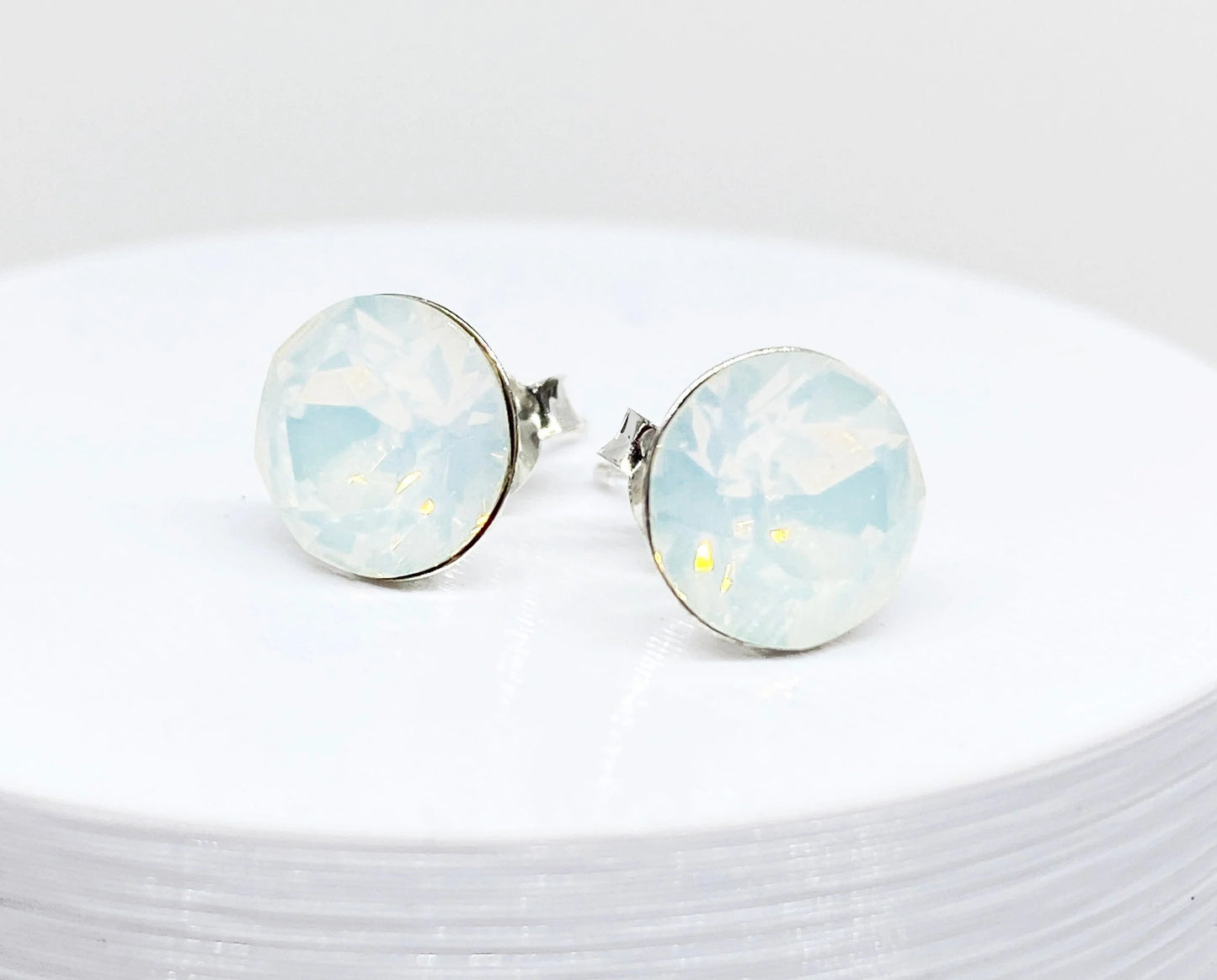 8mm Swarovski Crystal Stud Earrings in White Opal, set in Sterling Silver