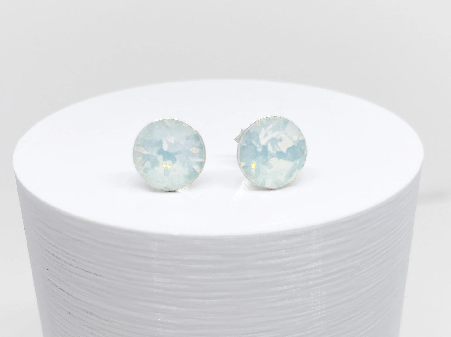 8mm Swarovski Crystal Stud Earrings in White Opal, set in Sterling Silver