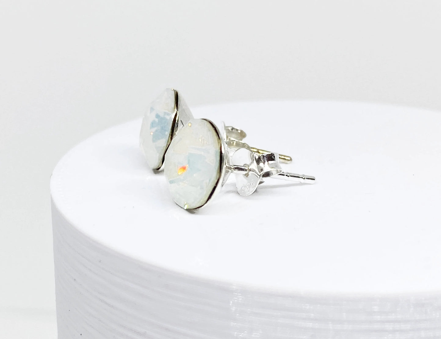 8mm Swarovski Crystal Stud Earrings in White Opal, set in Sterling Silver