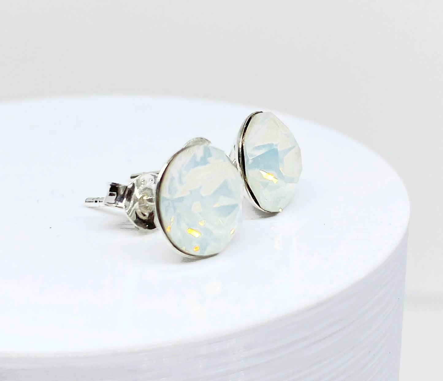 8mm Swarovski Crystal Stud Earrings in White Opal, set in Sterling Silver