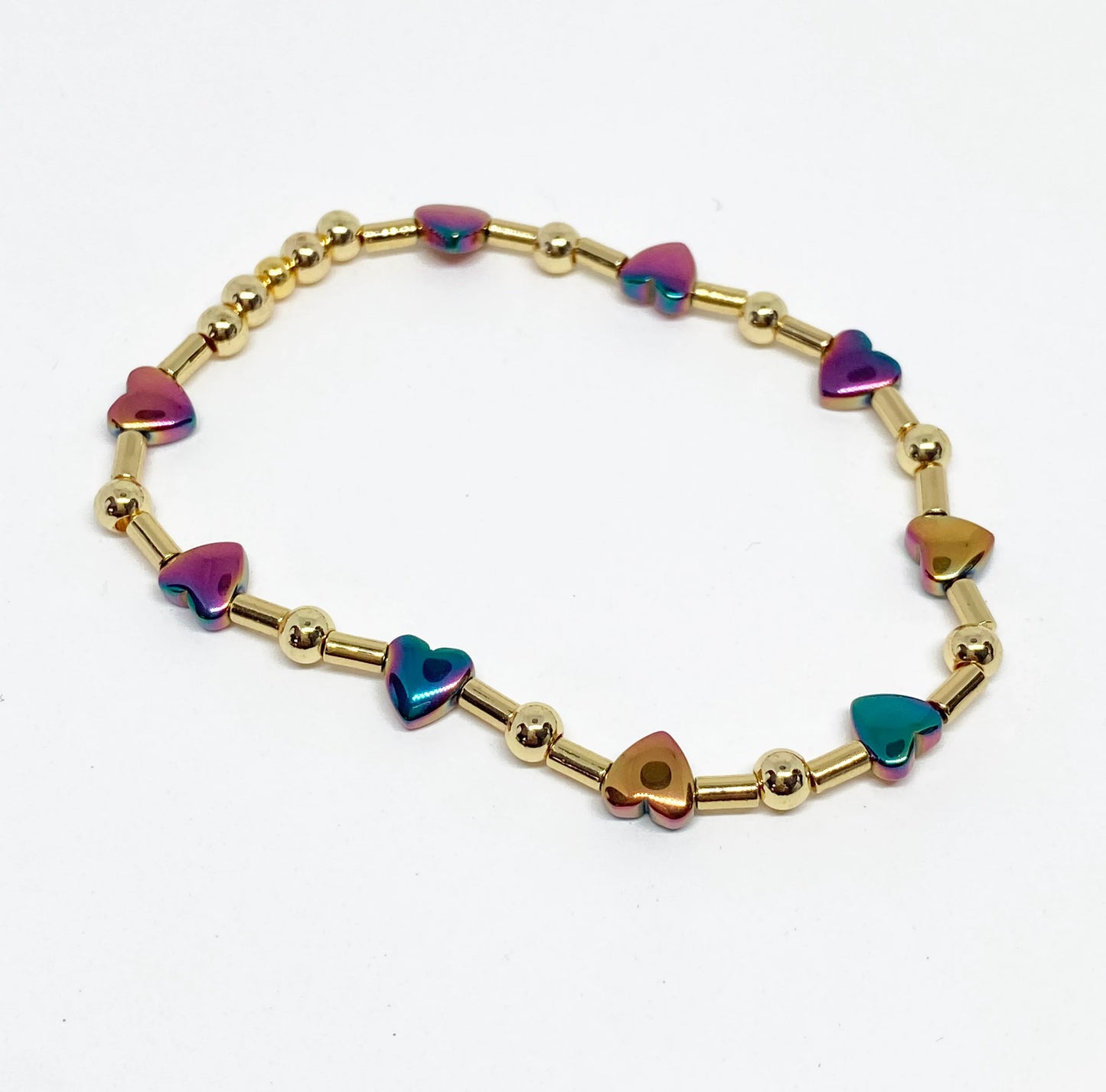 Rainbow Hematite Heart and Gold Tube Beaded Accent Bracelet