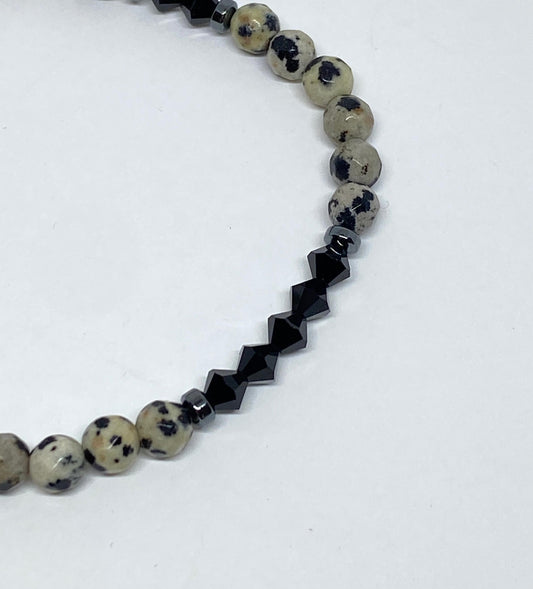 Dalmatian Jasper and Jet Black Swarovski Crystal Accent Beaded Stretch Bracelet