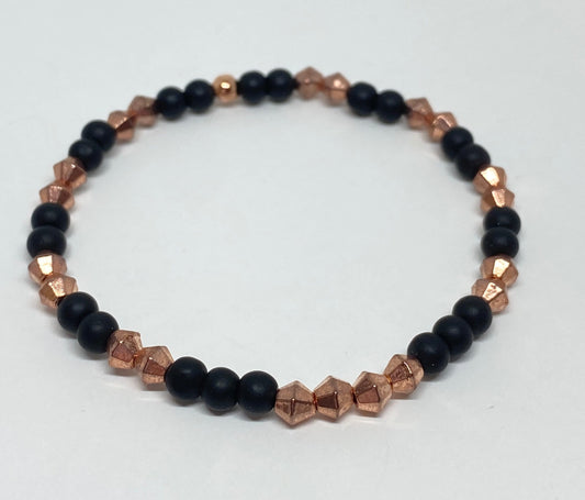 Metallic Copper Bicone Bead and Matte Black Round Beaded Bracelet