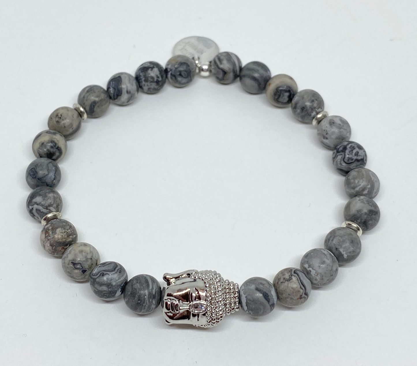 Silver Plated Buddha Bead with Picasso Jasper Beads Accent Beaded Stretch Bracelet