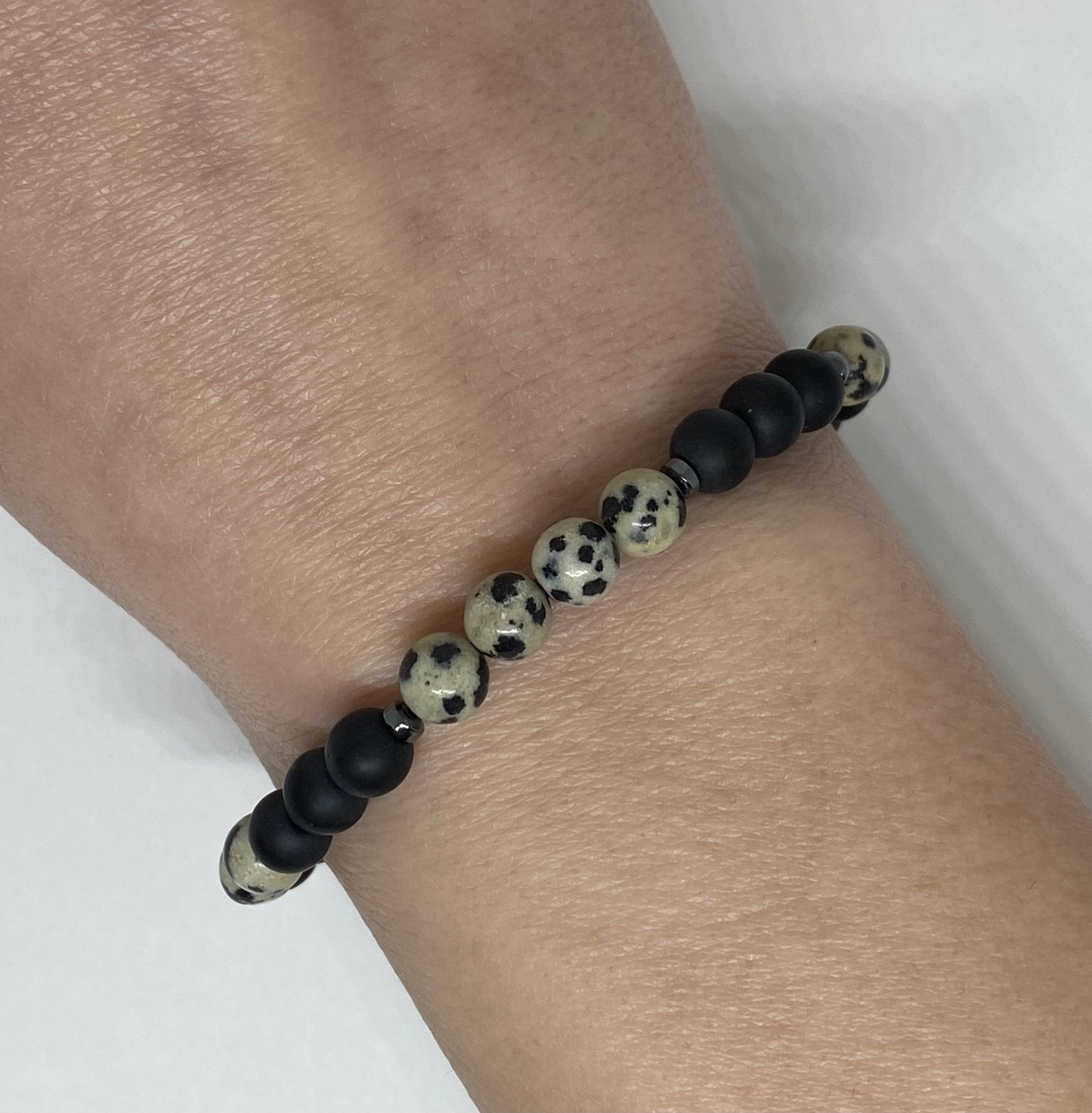 Dalmatian Jasper and Matte Black Glass Beaded Accent Bracelet