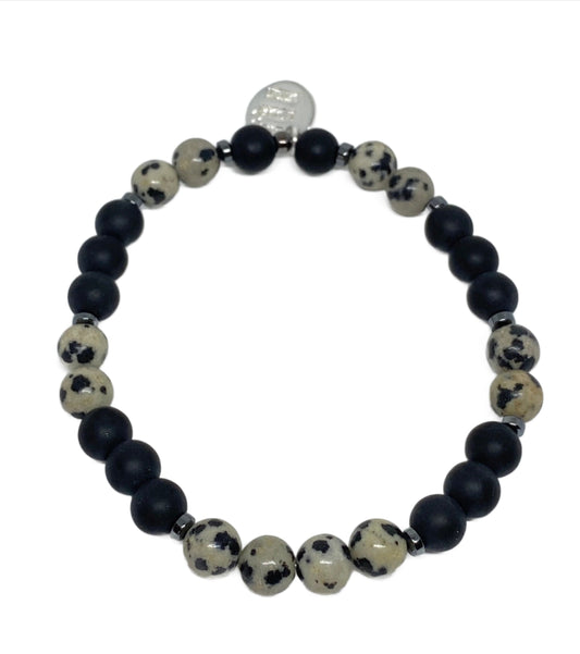 Dalmatian Jasper and Matte Black Glass Beaded Accent Bracelet