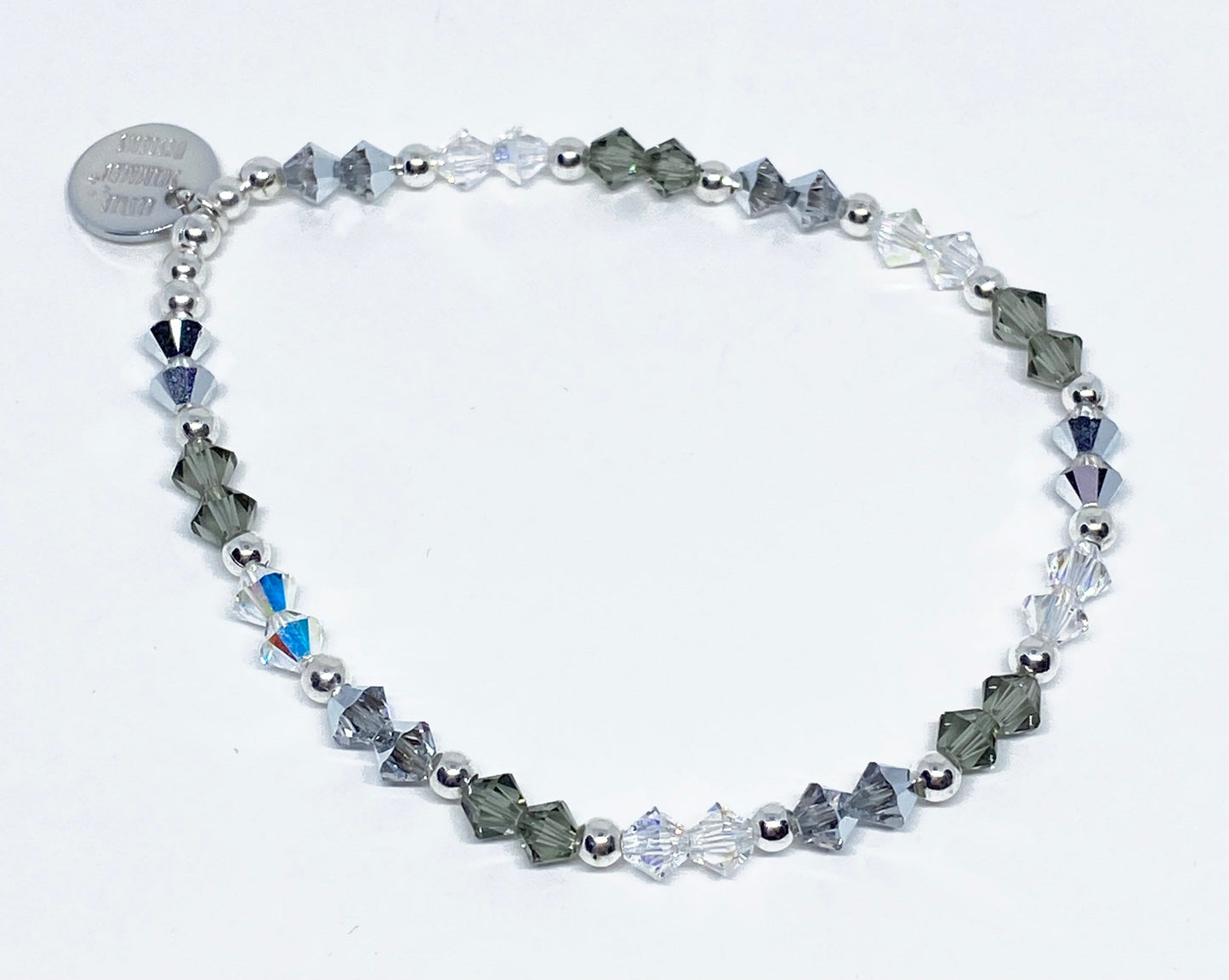 Swarovski Crystal and Glass Bead Stretch Bracelet in Neutral Shimmer, with Black Diamond, Crystal AB and Comet Argent Swarovski Crystals