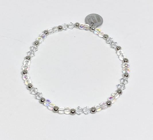 Swarovski Crystal Stretch Bracelet in Clear with AB Finish and Silver Accents