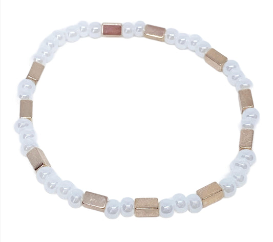 Dainty Glass White Lustre Pearl-look Beads with Hematite Rose Gold Square Beads