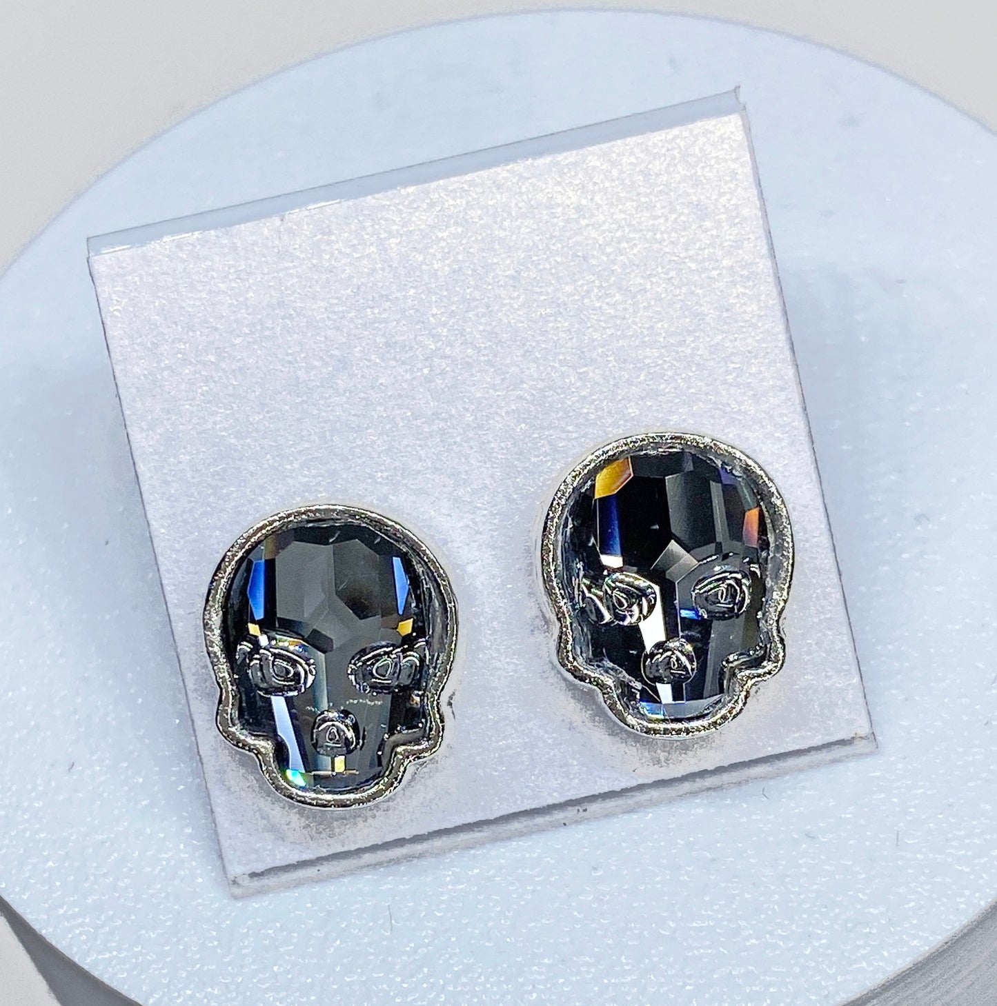 12x10mm Swarovski Crystal Skull Stud Earrings in Silver Night