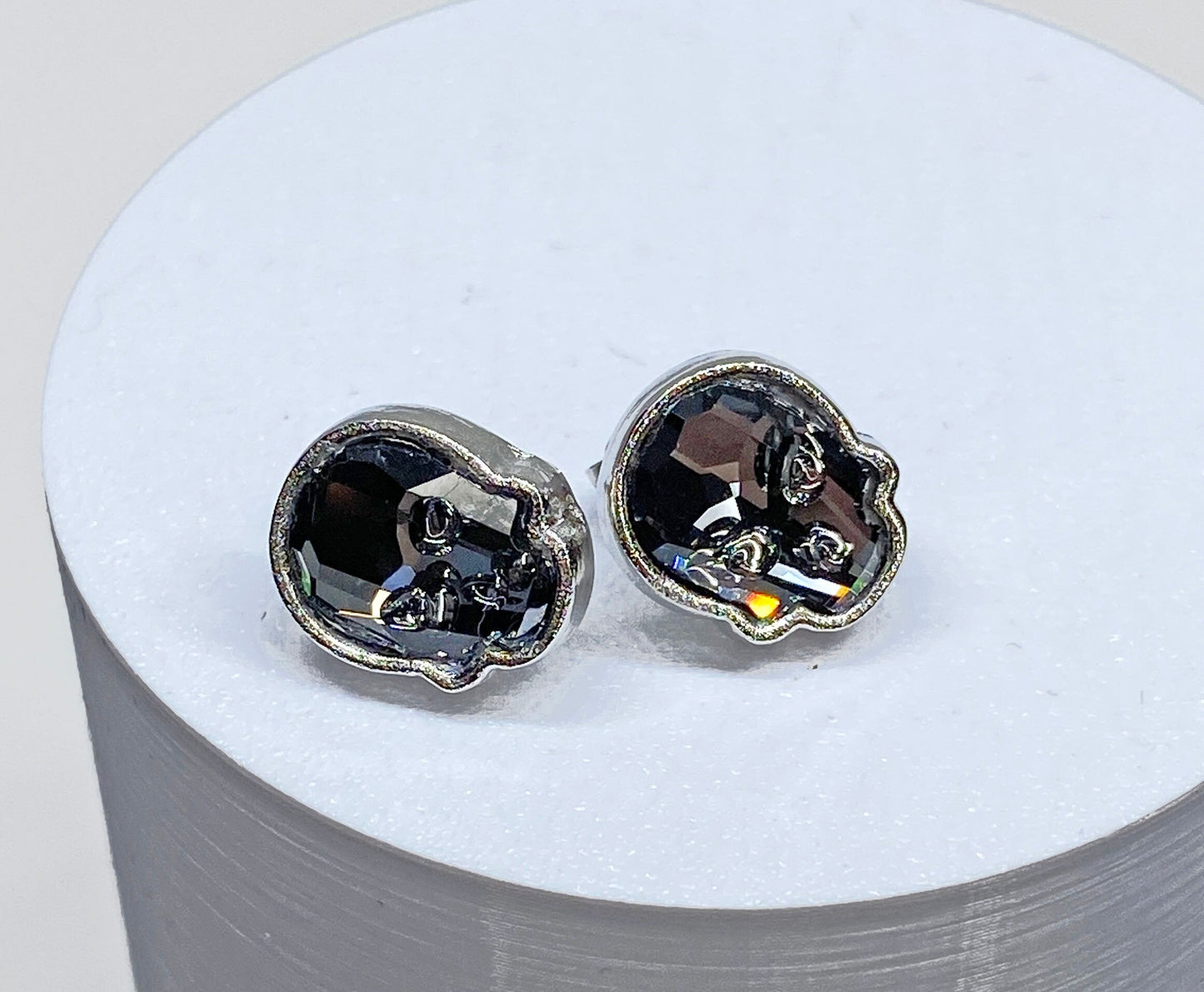 12x10mm Swarovski Crystal Skull Stud Earrings in Silver Night