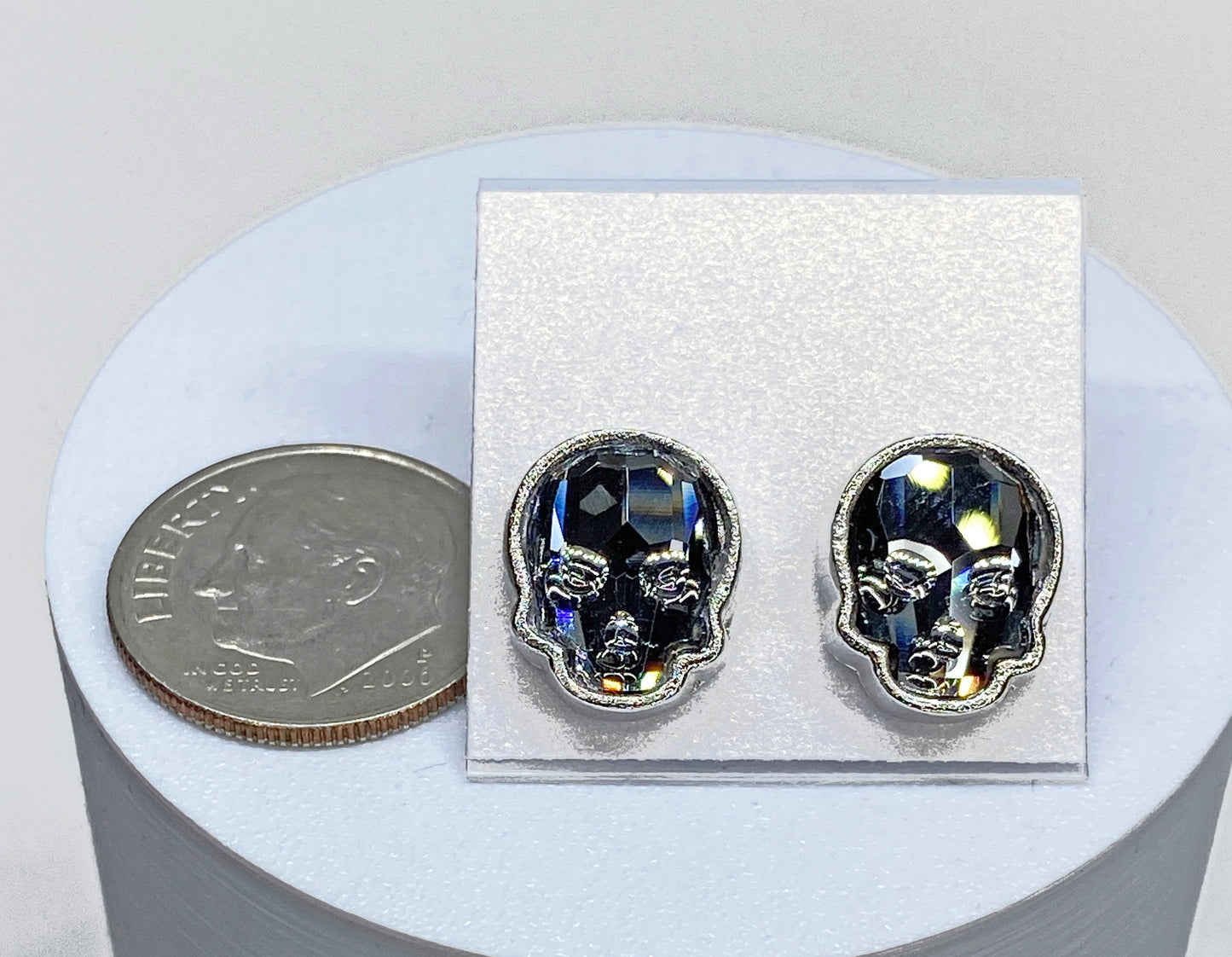 12x10mm Swarovski Crystal Skull Stud Earrings in Silver Night