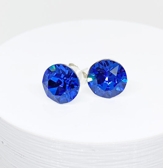 8mm Swarovski Crystal Stud Earrings in Sapphire, set in Sterling Silver