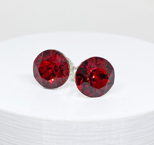 Swarovski Crystal 8mm Crystal Stud Earrings in Scarlet Red, set in Sterling Silver