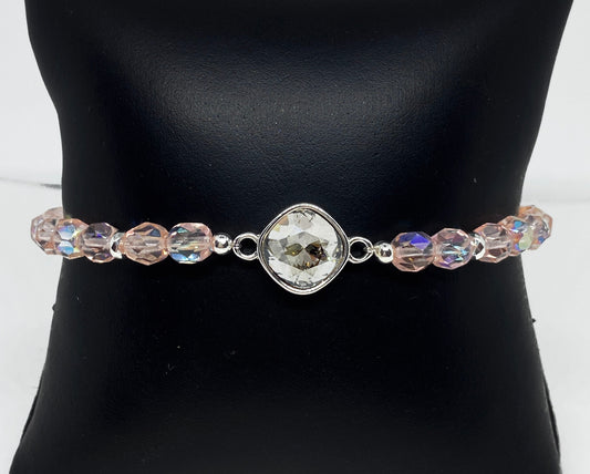 Swarovski 10mm Cushion Crystal Bracelet Silver Shade with Light Rose Glass Beads