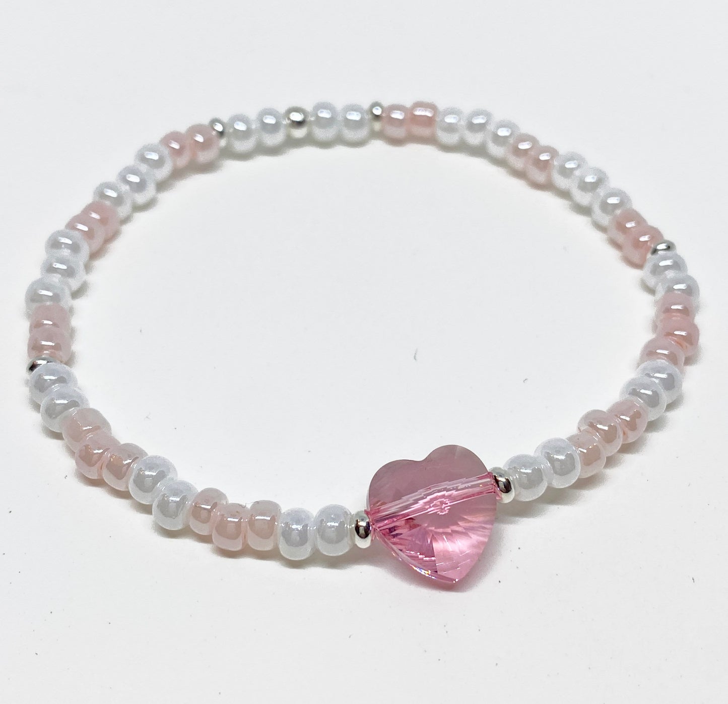 Swarovski Heart Bead Bracelet in Light Rose with 4mm White Lustre and Pastel Pink Glass Beads