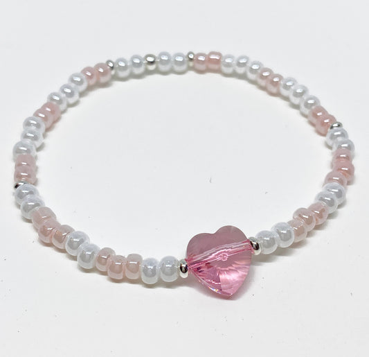 Swarovski Heart Bead Bracelet in Light Rose with 4mm White Lustre and Pastel Pink Glass Beads