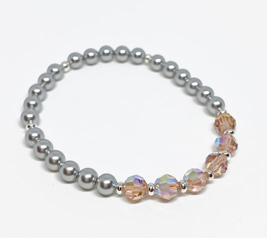 Swarovski Round Crystal Bracelet in Vintage Rose AB with Light Gray Swarovski Pearls