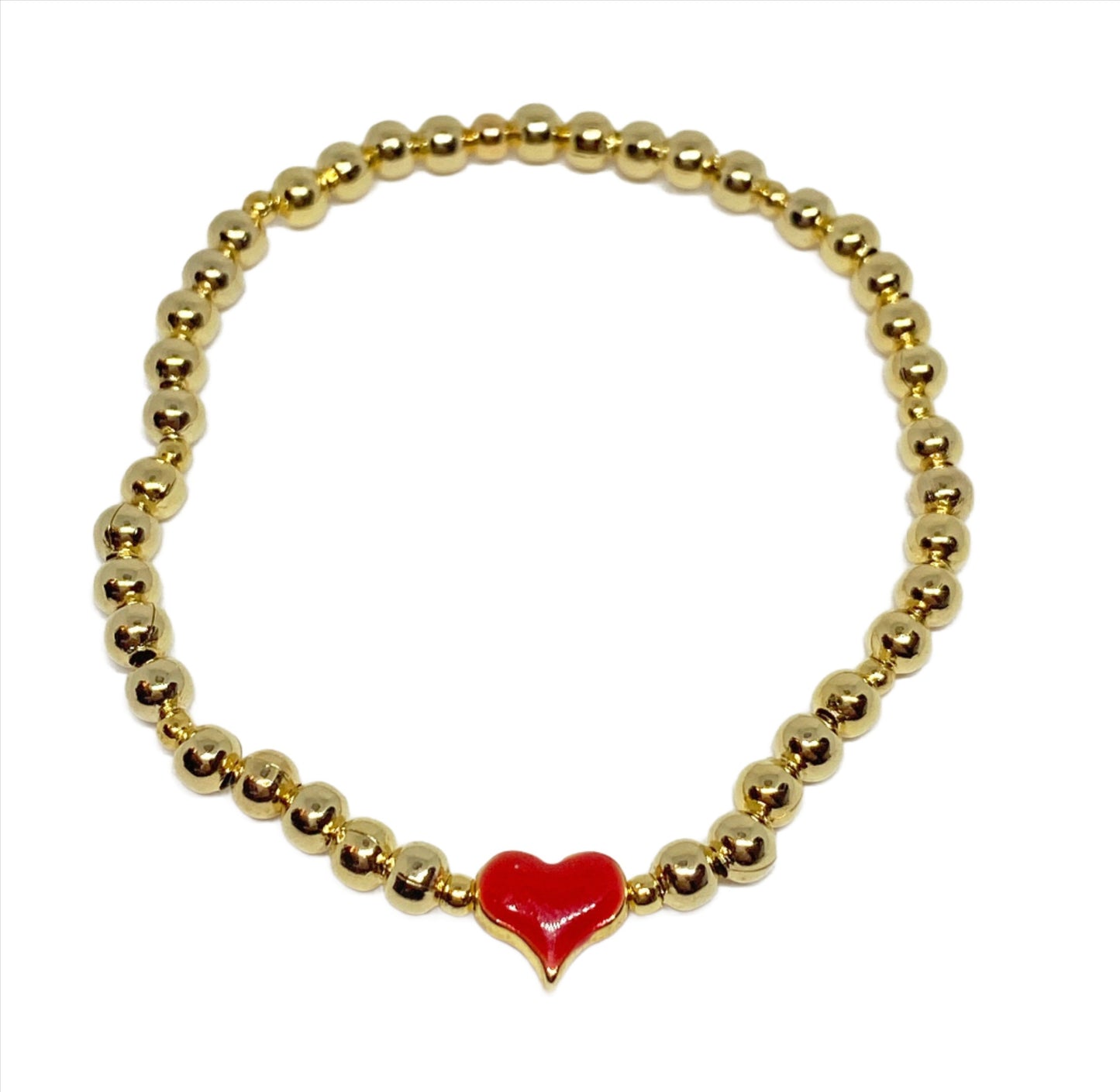 Gold Beaded Bracelet with Red Enamel Heart