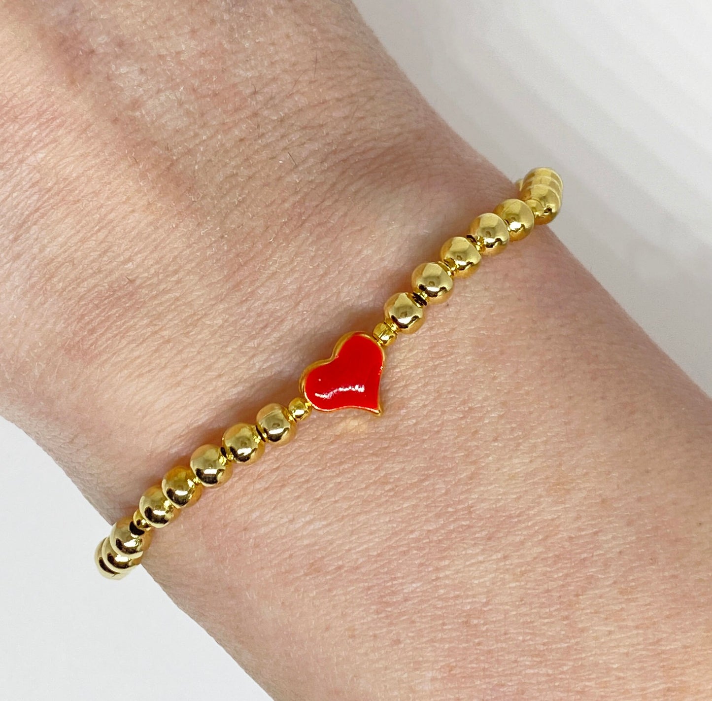 Gold Beaded Bracelet with Red Enamel Heart