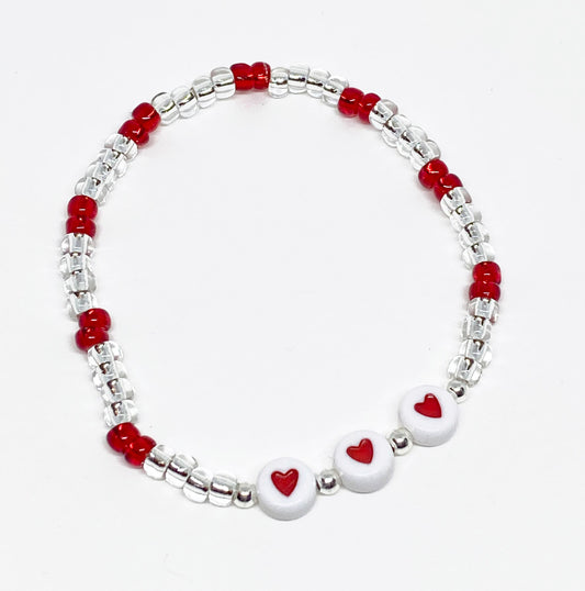 Beaded Heart Bracelet with Red Glass Beads and Round Heart Beads