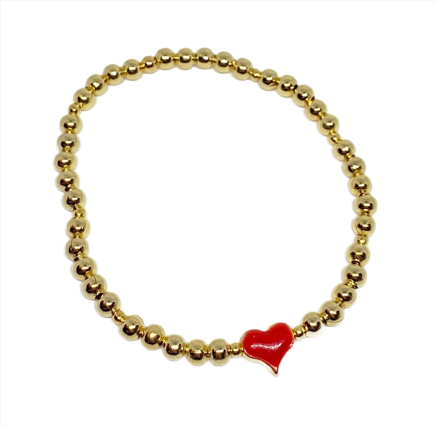 Gold Beaded Bracelet with Red Enamel Heart