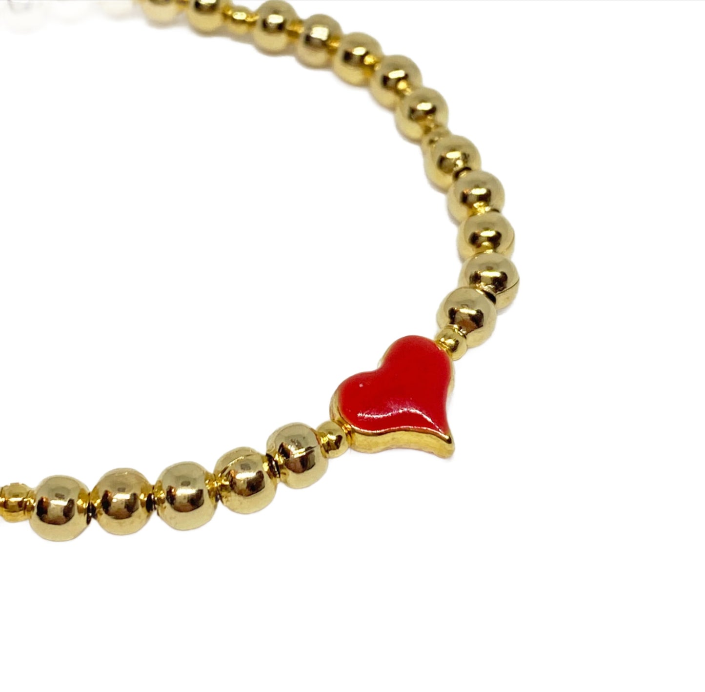 Gold Beaded Bracelet with Red Enamel Heart