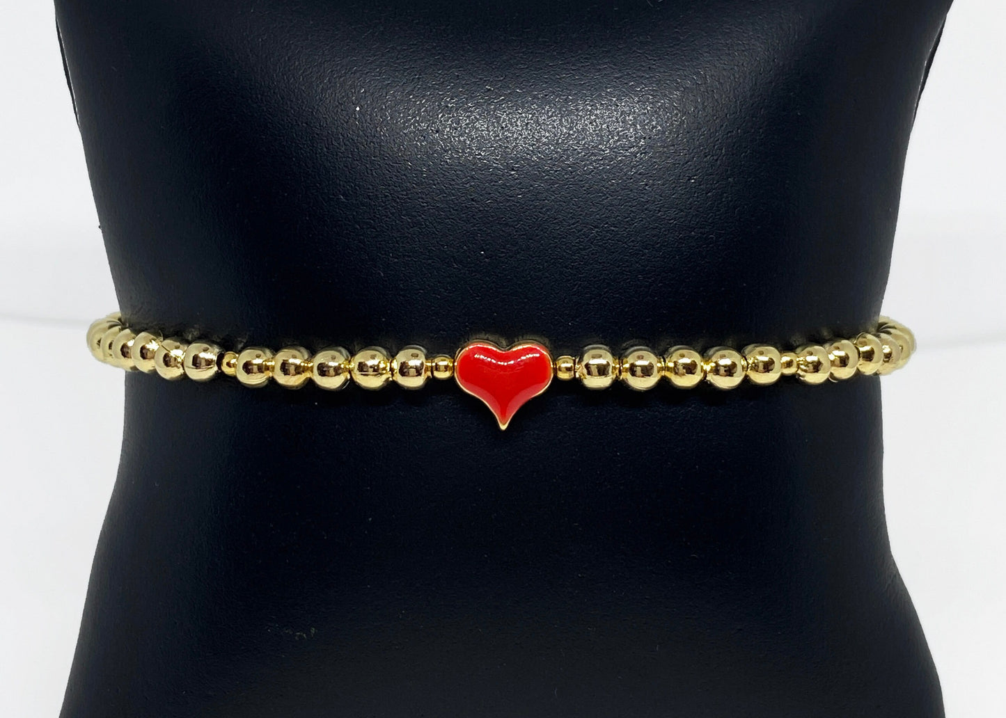 Gold Beaded Bracelet with Red Enamel Heart