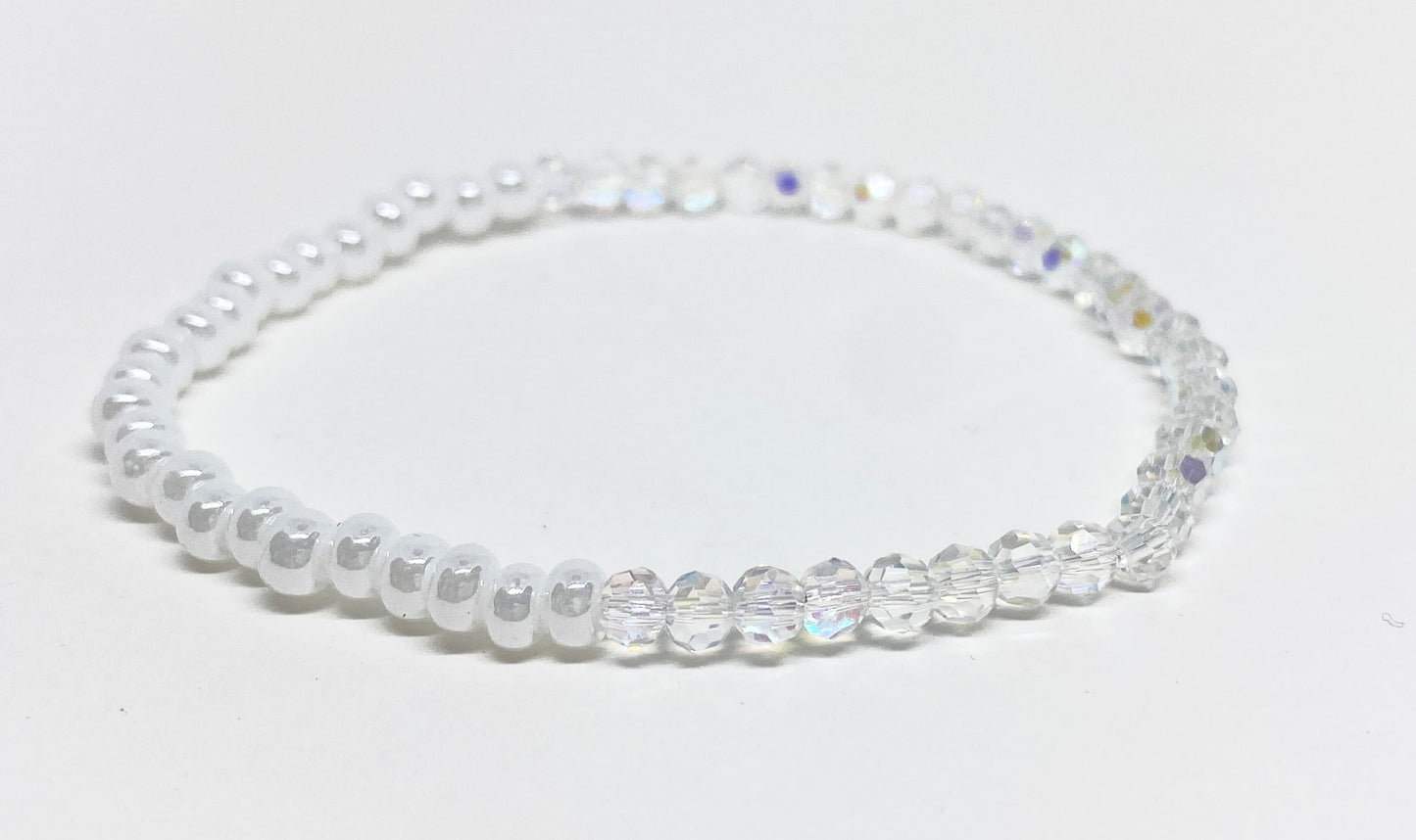 Dainty Glass Crystal and Bead Bracelet in Crystal AB and White Lustre