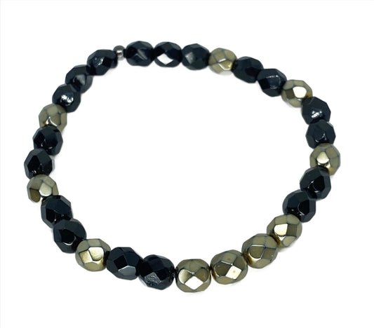 6mm Faceted Crystal Bracelet in Black and Antiqued Gold