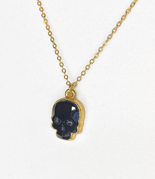 Swarovski Crystal Skull Pendant Necklace in Gold and Jet Black