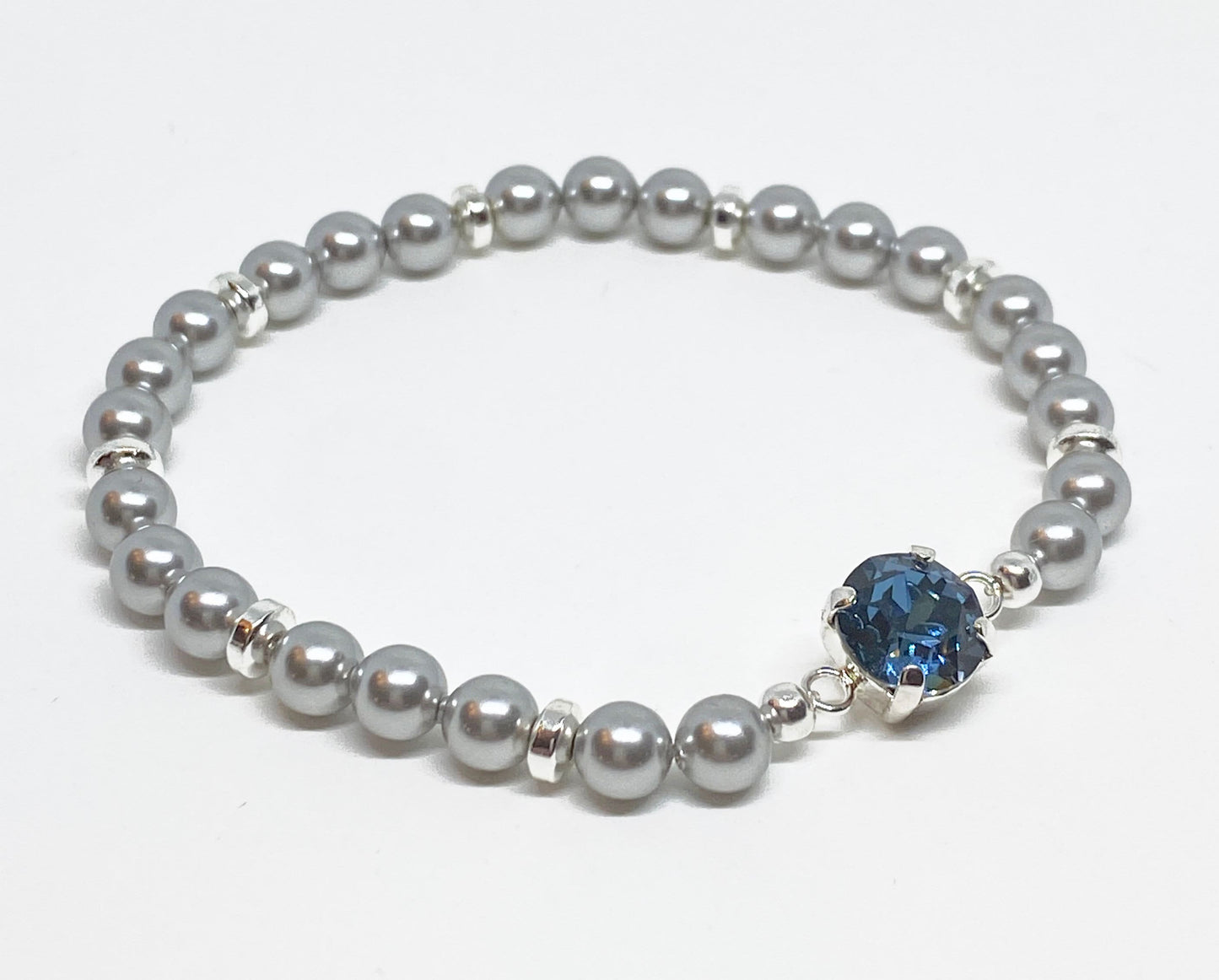 Swarovski Crystal 8mm Chaton Crystal Bracelet in Denim Blue with Lt Gray Swarovski Pearls