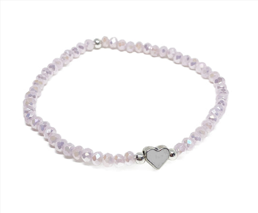 Light Pink Glass Faceted Crystal Beaded Bracelet with Tiny Silver Heart