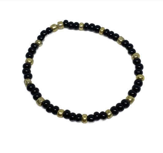 Dainty Glass Black Lustre and Gold Seed Bead Bracelet