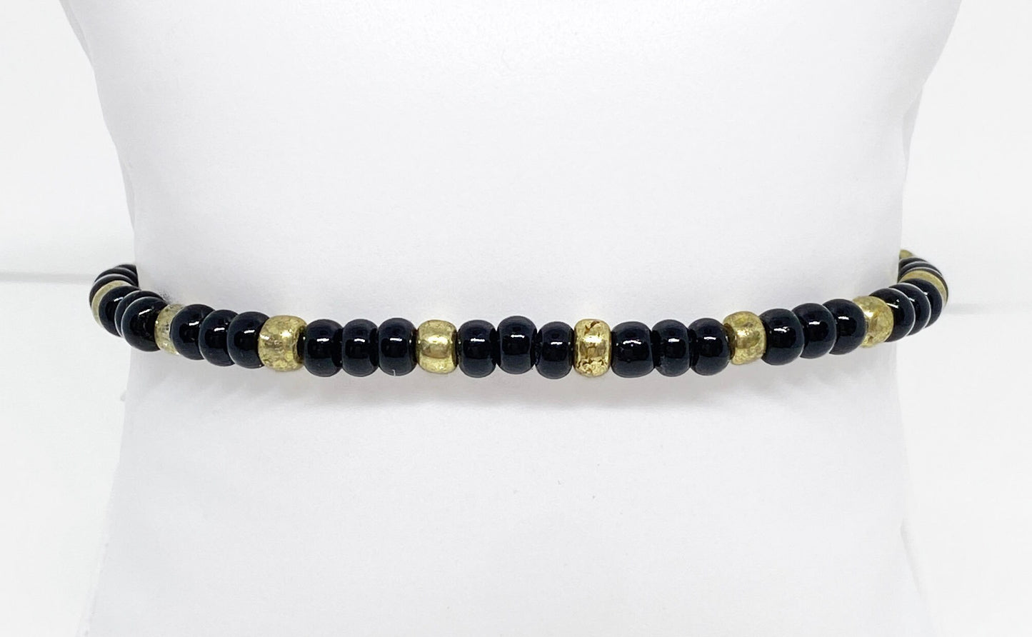 Dainty Glass Black Lustre and Gold Seed Bead Bracelet