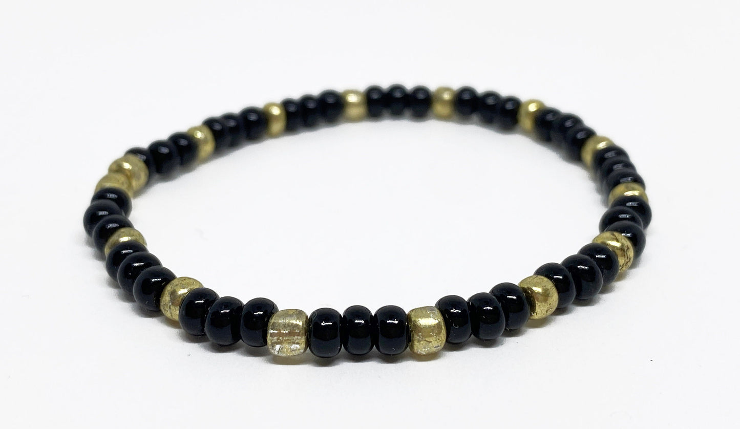 Dainty Glass Black Lustre and Gold Seed Bead Bracelet