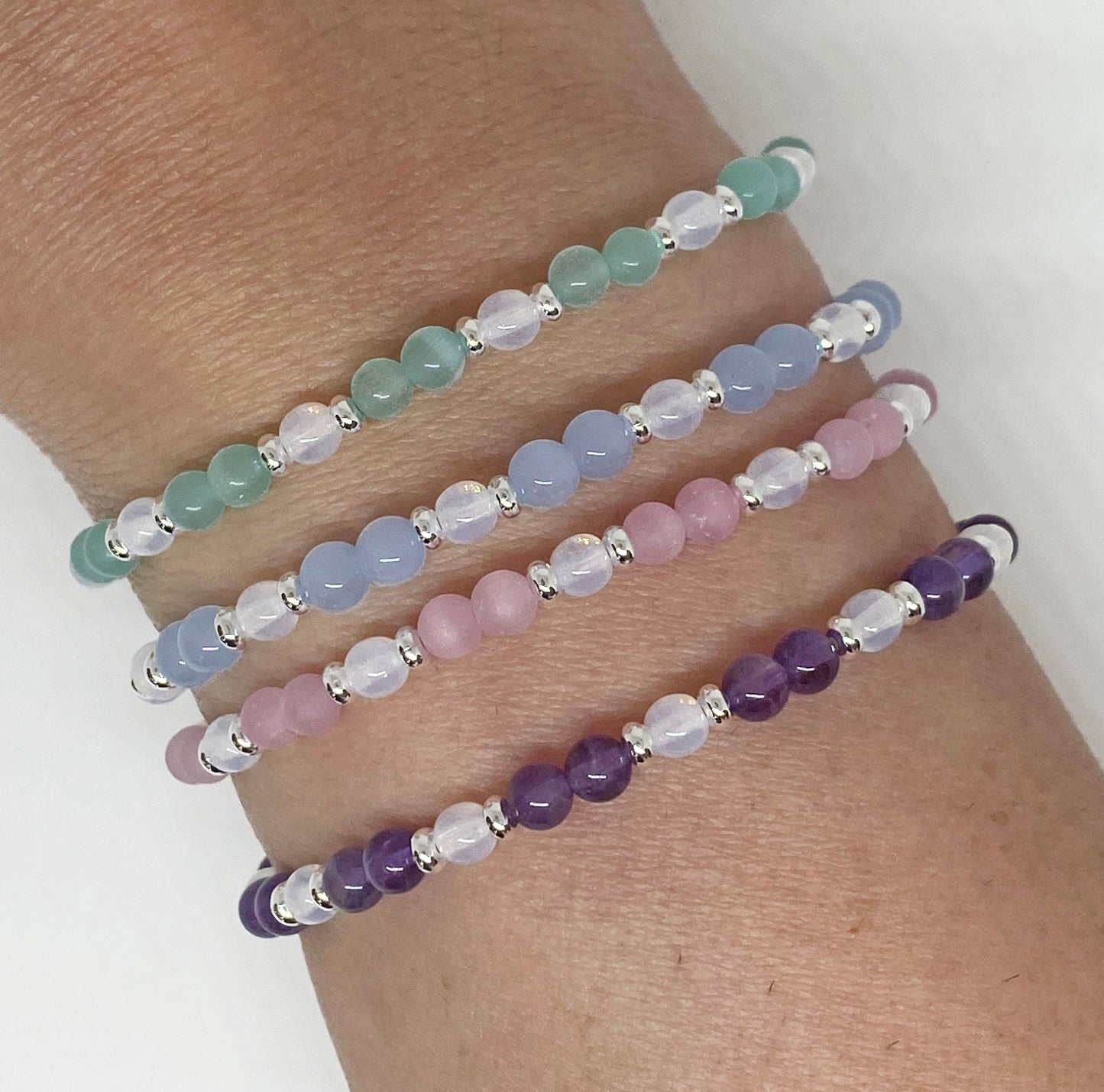 4mm Round Glass Beaded Bracelet in Lt Sapphire, Aqua, Pink, or Amethyst