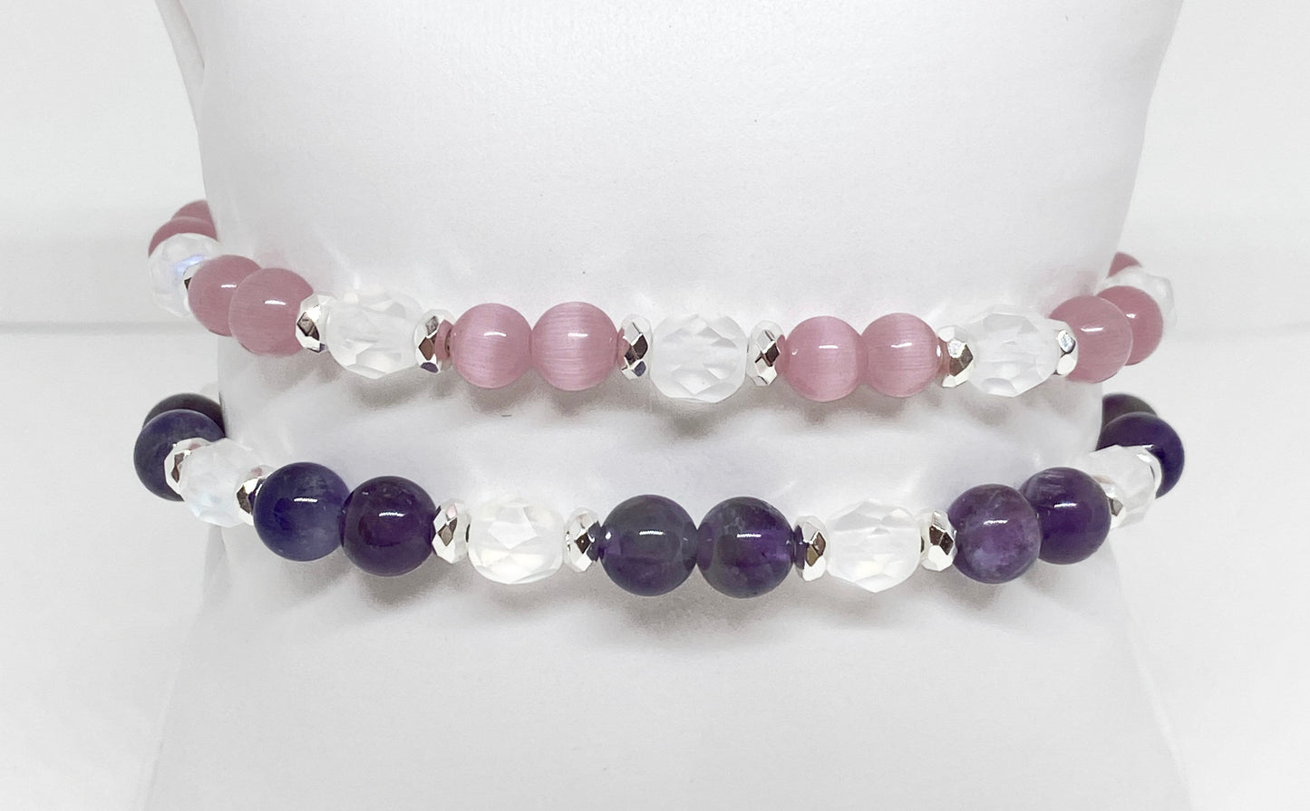 6mm Glass Beaded Bracelet in Pink Cats-eye or Amethyst