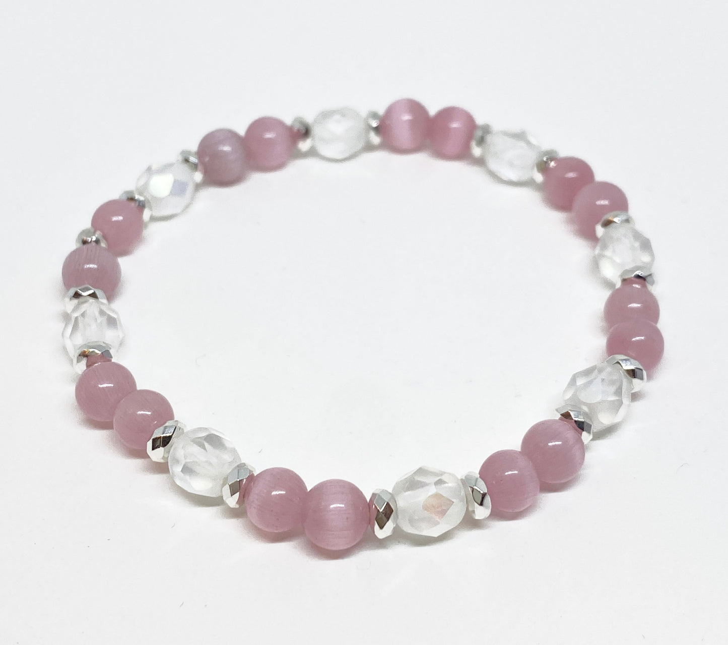 6mm Glass Beaded Bracelet in Pink Cats-eye or Amethyst