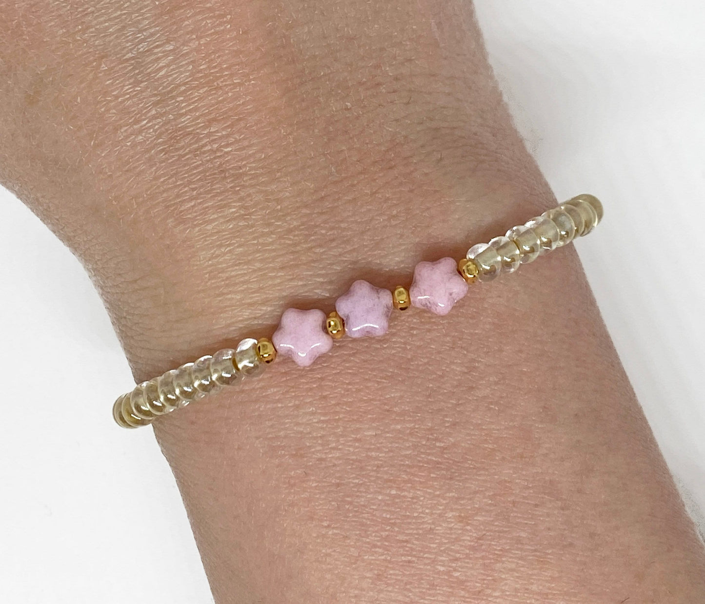 Mini Flower Pink Glass Beaded Bracelet with Gold Seed Beads