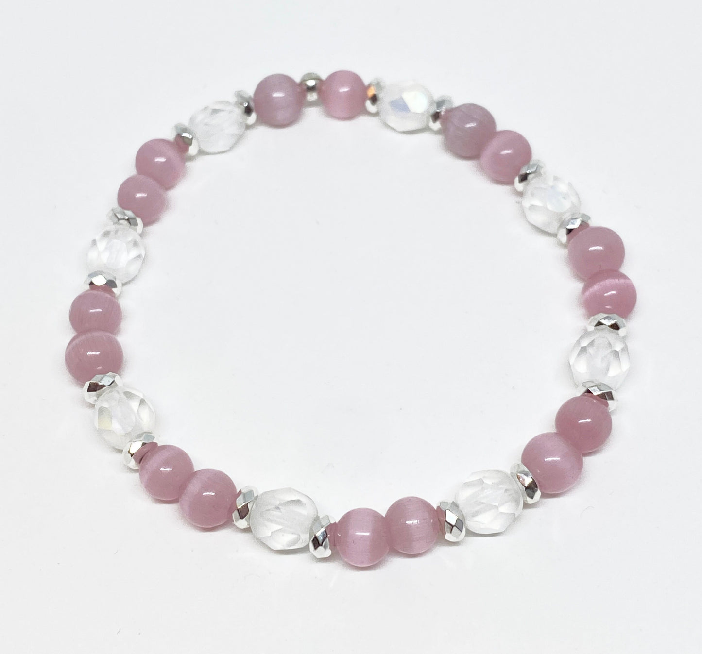 6mm Glass Beaded Bracelet in Pink Cats-eye or Amethyst