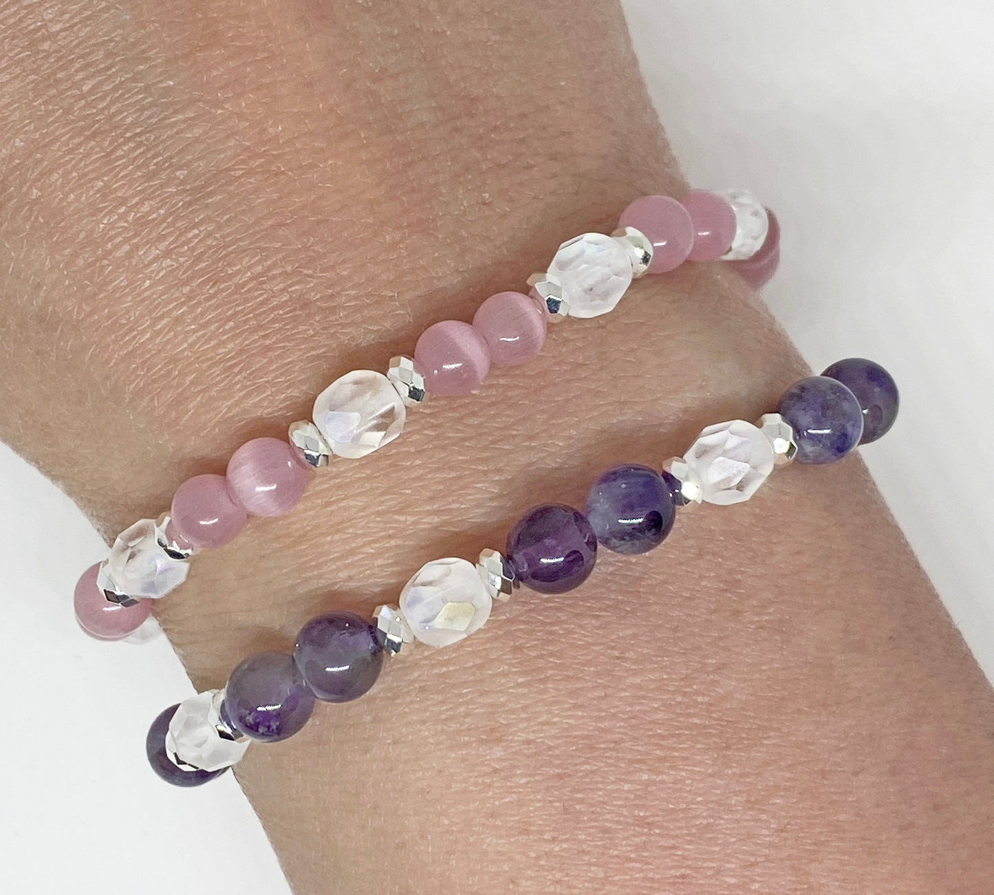 6mm Glass Beaded Bracelet in Pink Cats-eye or Amethyst