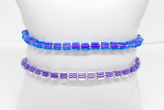 Mini Square Glass, Dainty Bead Bracelet in Blue or Purple